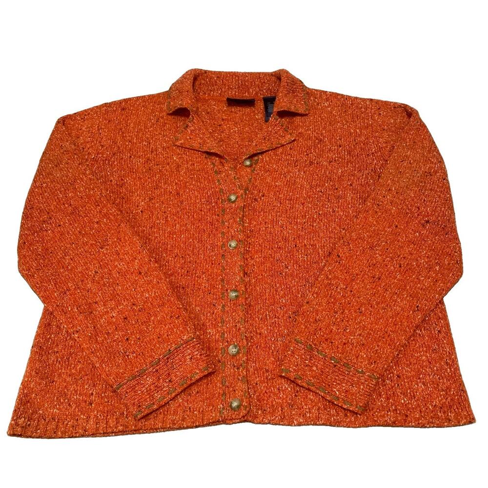 Vintage 90s Crazy Horse Orange Marled Knit Cardigan Sweater Blanket Stitch XL